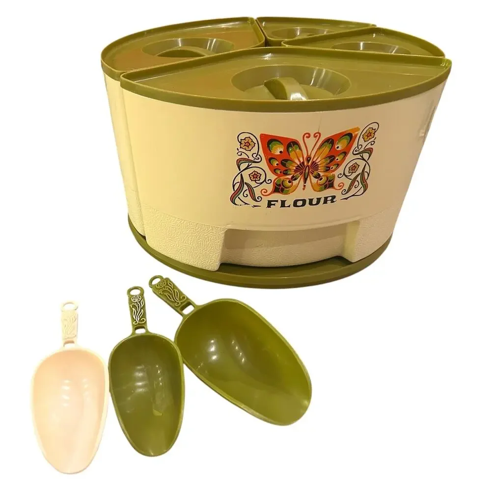 Vintage 1970s Sterilite Butterfly Lazy Susan Canister Set 1591 3 Scoops MCM -